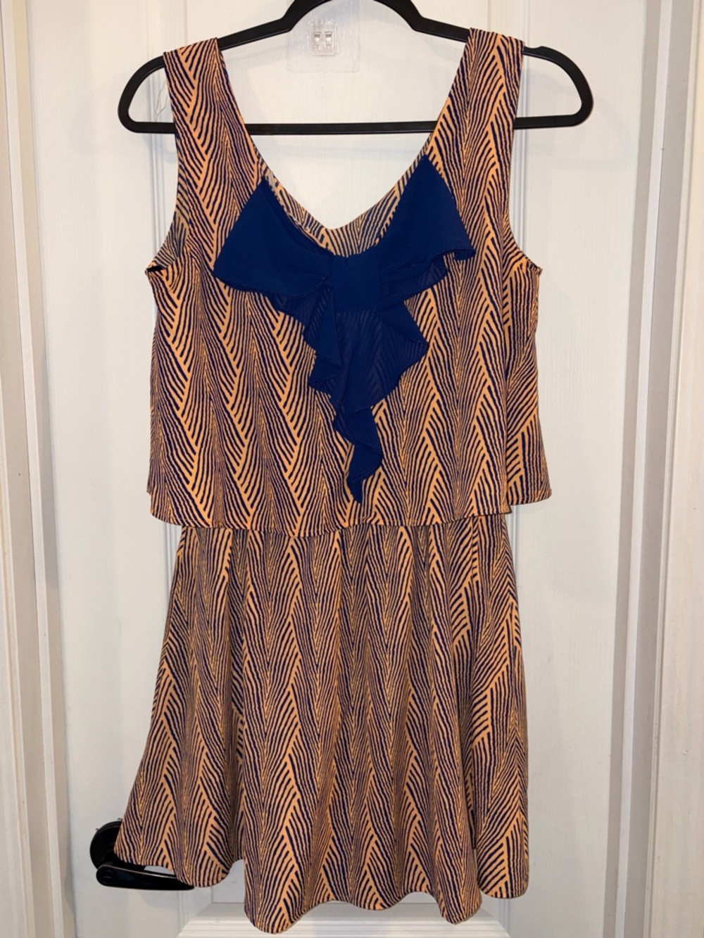 Blu Pepper Sleeveless Navy and Peach Patterned Ruffle Dress